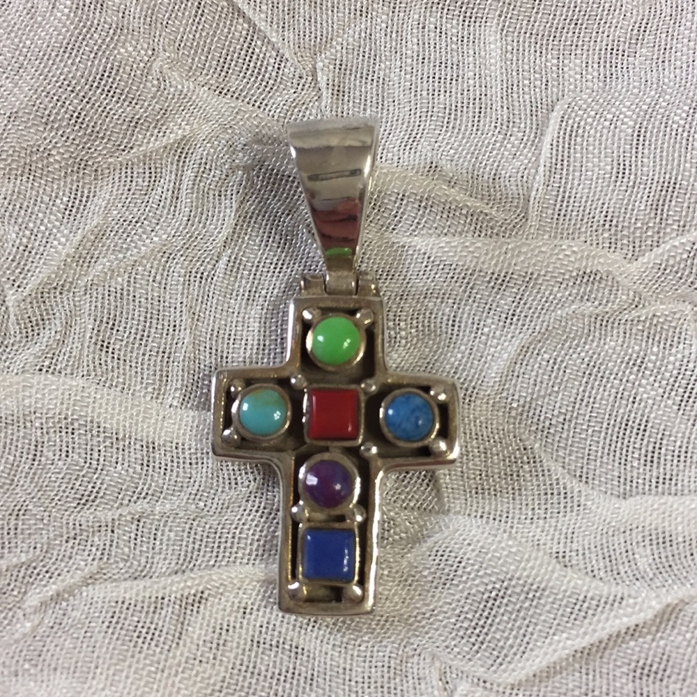 Multi Stone and 925 Silver Cross Pendant